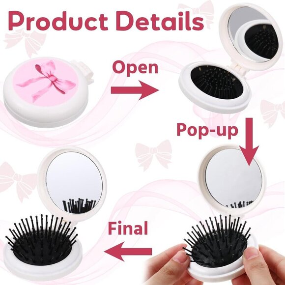 Pink Bow Mini Hair Brush Set Folding Mirror Detangler Travel Purse
